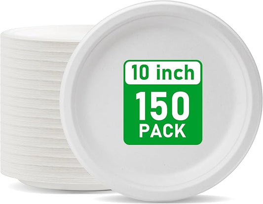 RACETOP Compostable Paper Plates 10 Inch [150 Pack], Disposable Biodegradable Heavy Duty Paper Plates, Made of Natural Sugarcane Fibers, Unbleached White, Round