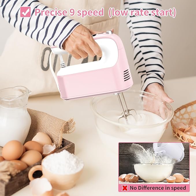 9-Speed Digital Hand Mixer Electric, 400W Powerful DC Motor, Baking Handheld with Snap-On Storage Case, 5 Stainless Steel Accessories, Flat Beaters, Dough Hooks, Whisk(Pink/White)