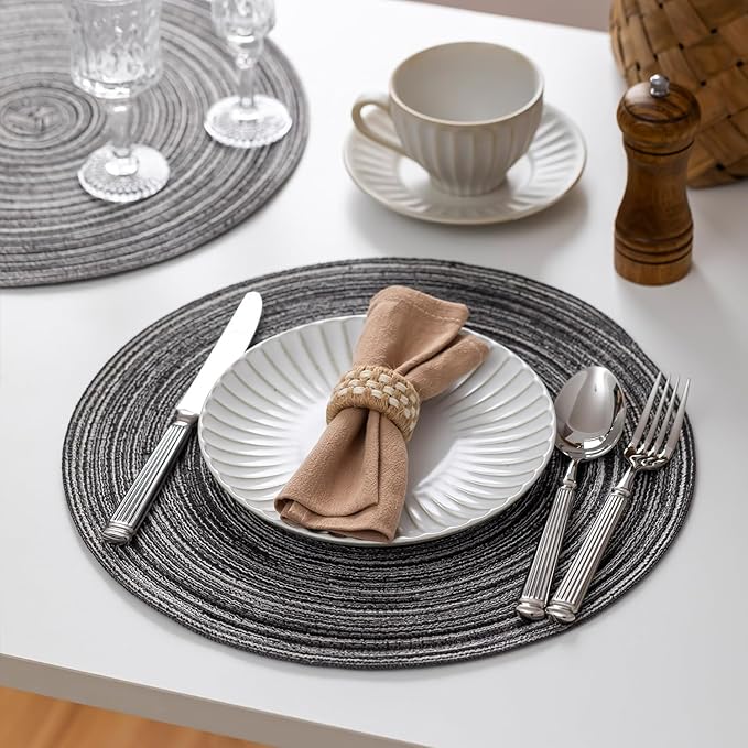 Round Placemats Set of 8 Woven Placemats Washable Braided Table Mats for Dining Table Heat Resistant Non-Slip Circle Place Mats(Mixed Gray)