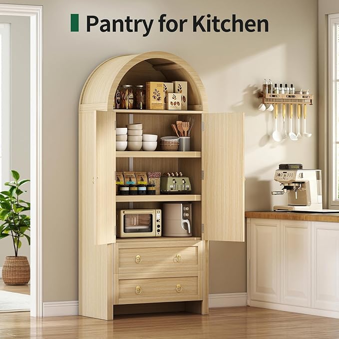 71" Arched Cabinet Kitchen Pantry Cabinet with Rattan Doors, Storage Cabinet with Drawers & Height Adjustable Shelves, Hutch Cabint with Storage, Tall Arched Bookcase for Dining Room Kitchen, Natural