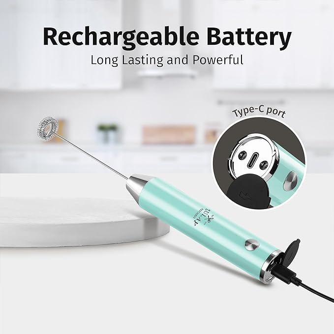 Zulay Kitchen Lux Electric Milk Frother Rechargeable Handheld - Powerful 2-Speed Motor, Waterproof, 2000mAh Battery - Drink Mixer for Latte, Cappuccino, Matcha & Protein Powder - Sky Blue