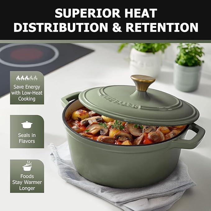 MUELLER HOME 4.5 Quart Enameled Cast Iron Dutch Oven For Sourdough Bread Baking, Heavy-Duty, Oven-Safe up to 500째 F & Across All Cooktops, Casserole Dishes, Green Kitchen Accessories, Thyme Green
