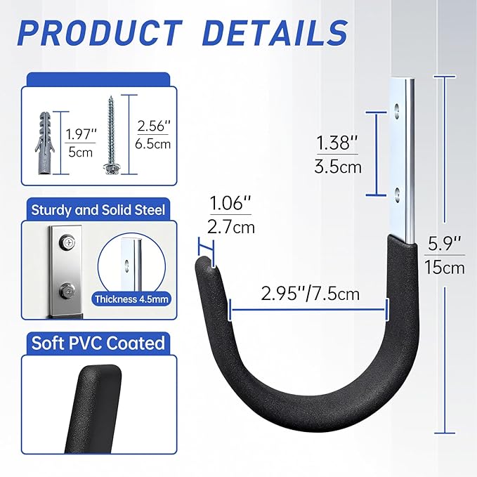Heavy Duty Wall Hooks, Garage Storage Utility Hooks, Steel Wall Mount Hanger, Tool Organizer Hose Hanger Steel U Hooks for Garage & Garden (4, Black)