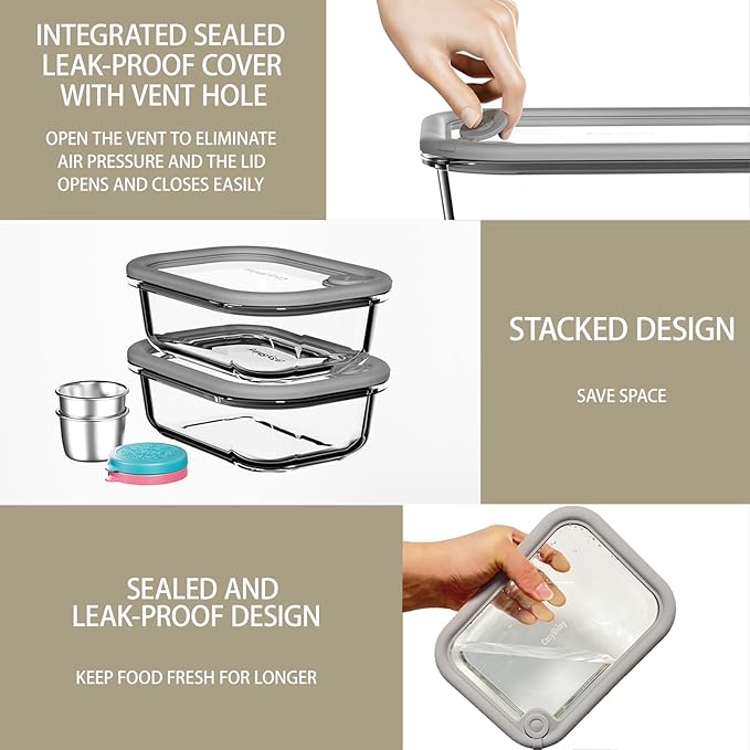 Glass Food Storage Containers with Silicone Glass Lids, 304 Stainless Steel Salad Dressing Containers, Microwave-safe LeakProof Food Containers Set, 100% Plastic Free-4-pack（Grey）