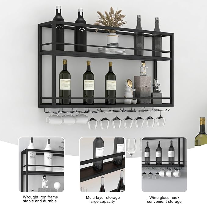 Industrial Wall Mounted Wine Rack, 2-Tier Wood Wine Bottle Shelf with Stemware Rack, Black Wine Glass Rack Multi Functional Wine Storage Display Rack for Home Bar Dining Room Kitchen (47.2횞7.8횞26in)