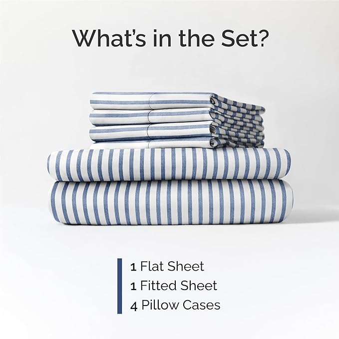 Full 6 Piece Sheet Set - Cooling & Breathable Bed Sheets - Hotel Luxury Bed Sheets for Women, Men, Kids & Teens - Bedding w/Deep Pockets & Easy Fit - Soft & Wrinkle Free - Full Blue Stripes Sheets