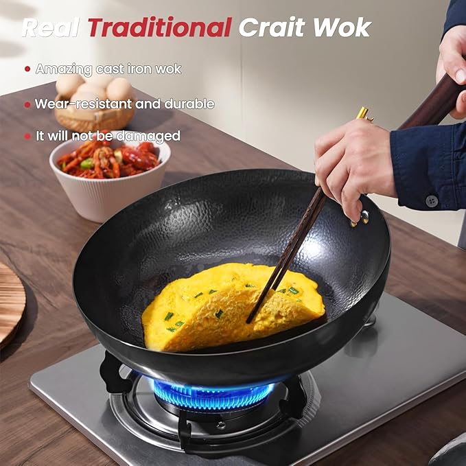 Carbon Steel Wok Pan, 13.5?쿥oks & Stir-Fry Pans with Wooden Lid Cookwares, Nonstick Wok, No Chemical Coated Round Bottom Hand Hammered Chinese Wok For Gas
