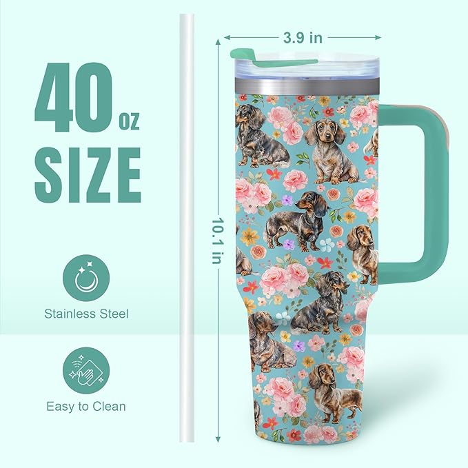Yogusut Dachshund Gifts for Women, 40oz Stainless Steel Insulated Tumbler Travel Mug Cup with Handle Straw, Gifts for Dog Mom Dog Lover