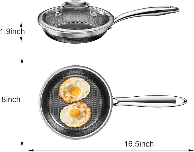 Fogdream 8??Non Stick Frying Pans, Stainless Steel Skillet with Lid, Tri-Ply Stainless Steel for All Cooktops, Dishwasher and Oven-Safe Cooking Pan, Stay-Cool Handle, Silver