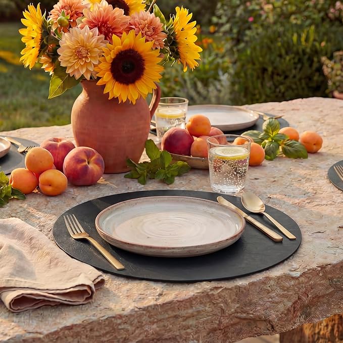 Artoid Mode Black Faux Leather Placemats Set of 4, 15 Inch Waterproof Wipeable Heat Resistant Place Mats, Reversible Table Mats for Kitchen Dining Decor