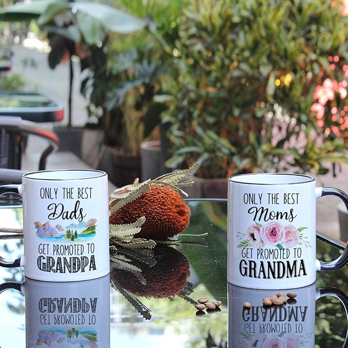 Only the Best Mom Dad Get Promoted to Grandma and Grandpa Mug Set 11oz, Pregnancy announcement Gifts, Birthday Christmas Thanksgiving Day Grandparent Mug Set of 2 Shot Mugs (Black)