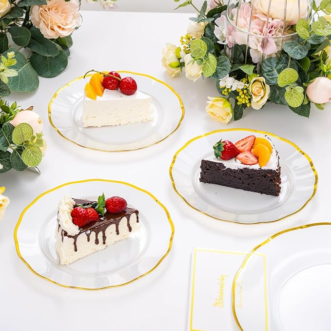 EI 150pcs Clear Plastic Plates with Gold Plastic Silverware,Disposable Plate Heavy Duty,Clear and Gold Dinnerware Set,Elegant Plates for Party,Wedding,Afternoon Tea,Spring,Valentine's Day