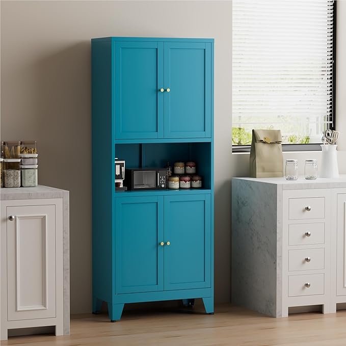 COFaR 69" Tall Modern Kitchen Pantry,Metal Storage Cabinet with Adjustable Shelves,Pantry Cabinet with 6-Tier,Freestanding Cupboard for Kitchen,Dining Room,Living Room,Bathroom,Blue