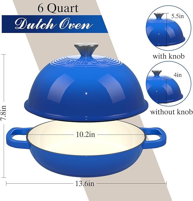 Enamelled Cast Iron Dutch Oven Pot ??Dutch Oven Pot with Lid For Sourdough Bread Baking ??Cast Iron Bread Oven ??Dark Blue, Umite Chef 6QT Pot with Lid & Cotton Potholders