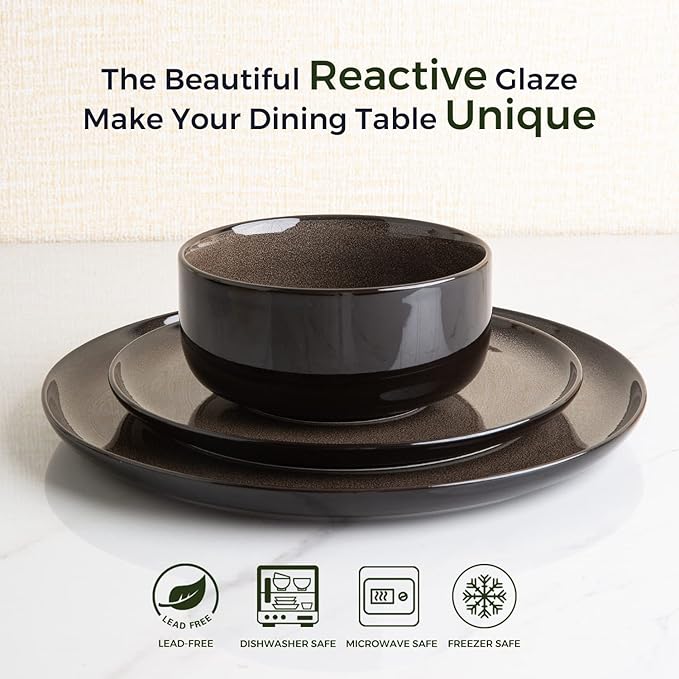LERATIO Ceramic Plates Set of 6, 8.5 Inch Reactive Glaze Light Weight Porcelain Salad Plates,Modern Shape Dinnerware Dishes Set for Microwave&Dishwasher &Oven Safe,Scratch Resistant-Chestnut
