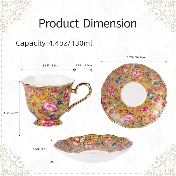 KAMMAK Tea Cups and Saucers Set of 2, Porcelain Coffee Cups with Saucer for Espresso, Cappuccino, 6.3oz Vintage Gold and Blue Ceramic Novelty Mug for Home, Tea Party, Office