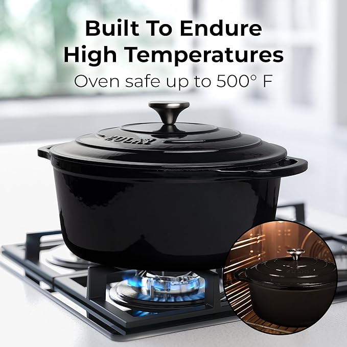 Zulay Kitchen 6 Quart Enameled Cast Iron Dutch Oven Pot with Lid ??Premium Durability & Oven Safe up to 500째F ??Heavy Duty Cookware Perfect for Bread Baking, Stews, Braising & Roasting ??Black