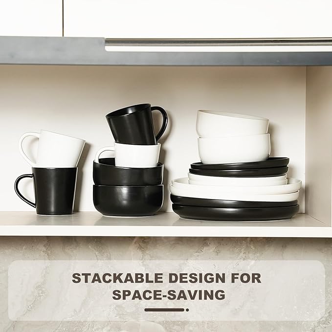 EWFEN 32-Piece Ceramic Dinnerware Sets with Mugs for 8, Black Plates and Bowls Set with Classic Design, Scratch Resistant Dishes Set, Dishwasher & Microwave Safe