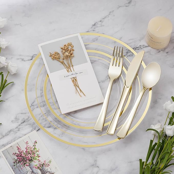 BESTVIP 100PCS 7 Inch Clear Plastic Dessert Plates, Disposable Salad Plate with Gold Rim, Heavy Duty Plastic Small Cakes Plates for Party, Wedding and Birthday, Christmas, Thanksgiving, Events