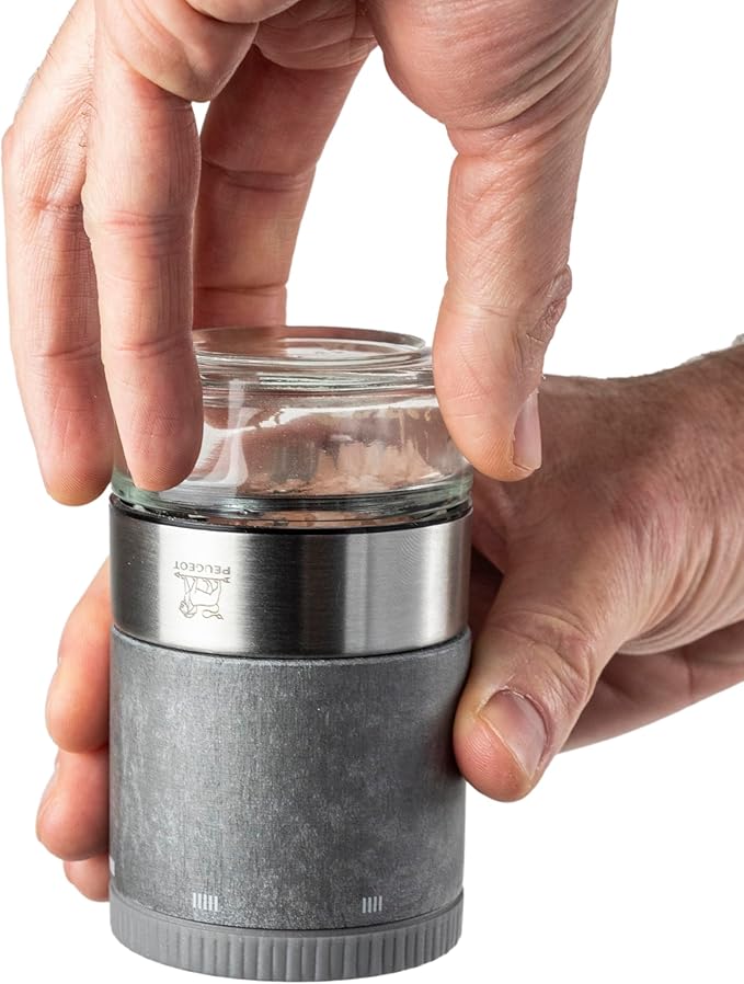 PEUGEOT?밠aestro Salt Bar ??10cm Salt Mill with U?셎elect Adjustment ??3 Premium Salts, 3 Empty Interchangeable Glass Jars, White Marker - Made in France ??PEFC-Certified Wood/Stainless-Lt. Graphite