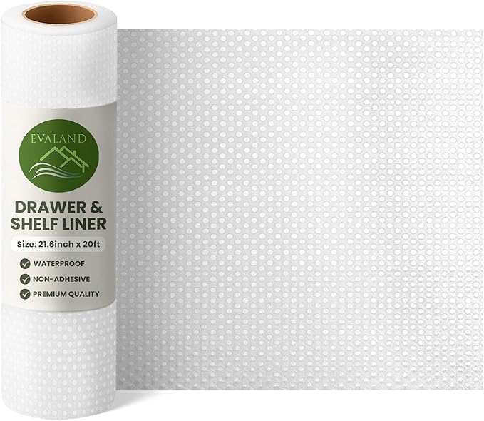 EVALAND Shelf Liners for Kitchen Cabinets Non-Adhesive 21.6" x 20 FT Clear Drawer Liner Non Slip, Washable Cabinet Liner, Waterproof Shelf Liners for Cabinets, Refrigerator Bathroom Pantry Cabinet Mat