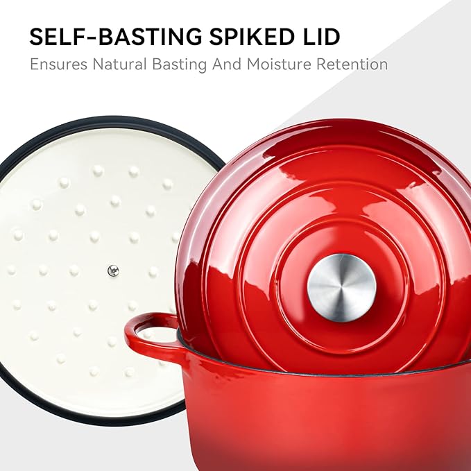 Miereirl 6 Quart Enameled Dutch Oven Pot with Lid, Cast Iron Dutch Oven with Dual Handles for Bread Baking, Cooking, Non-stick Enamel Coated Cookware (Red)