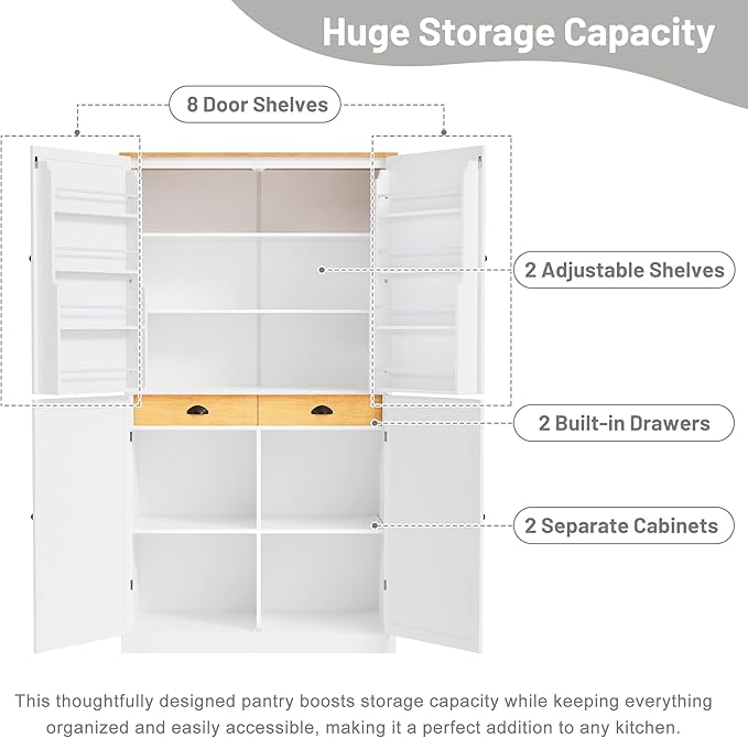 Zateety High Freestanding Kitchen Pantry Large Cupboard Storage Cabinet with 2 Drawers, 2 Adjustable Shelves, 8 Door Shelves for Kitchen, Dining Room,White