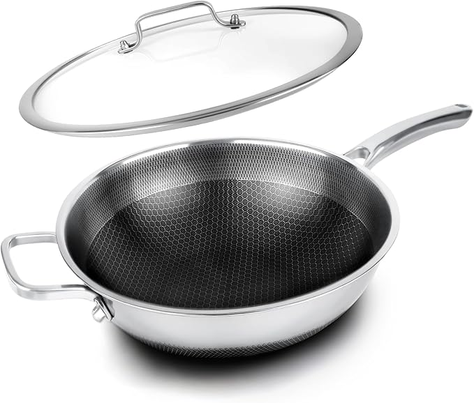 Wok Pan with Lid,12.6 inch Hybrid Woks & Stir-fry Pans Nonstick Stainless Steel Cookware, Cooking Wok for Induction Cooktop, Double Coated Honeycomb Pan
