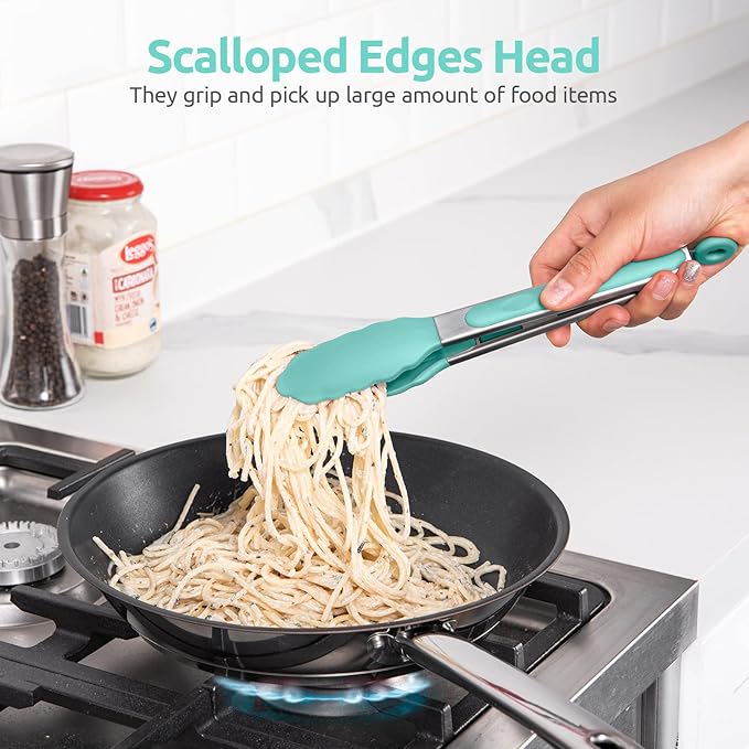 600쨘F Heat Resistant Kitchen Tongs: U-Taste 9 inch Silicone Cooking Tong with Firm Sealed Non Stick Rubber Tips & Silicon Coated 18/8 Stainless Steel Handle & Smooth Locking for Serving Salad-Aqua Sky