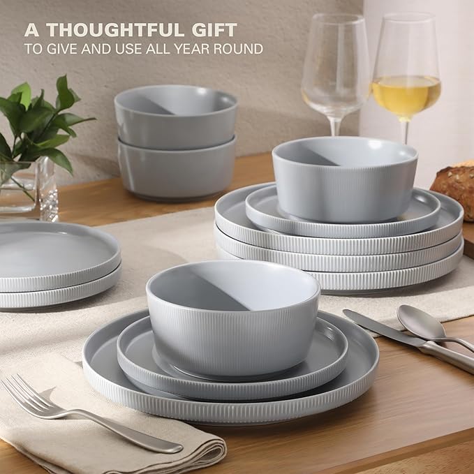 Gibson Home Dempsey Road 12-Piece Stoneware Dinnerware Set ??Service for 4, Round Grey Plates and Bowls, Durable Solid Color Modern Embossed Dish Set, Microwave & Dishwasher Safe