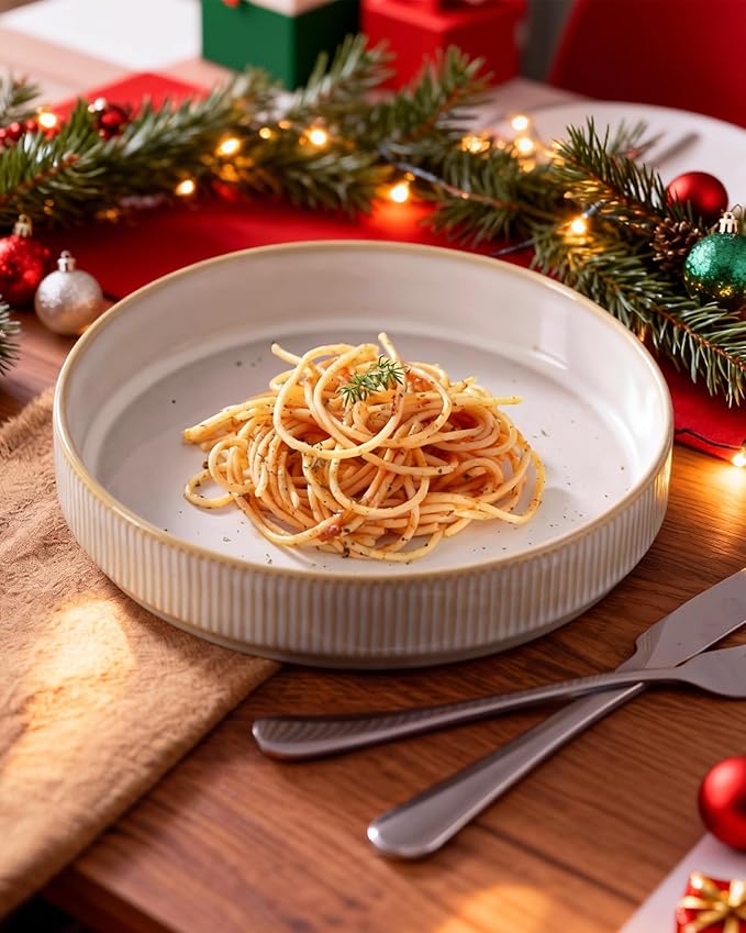 famiware Star 8.25" Pasta Bowls, Large Dinner Bowls Set of 4, Salad Bowl Plates, Shallow Bowls for Eating, Cappuccino White