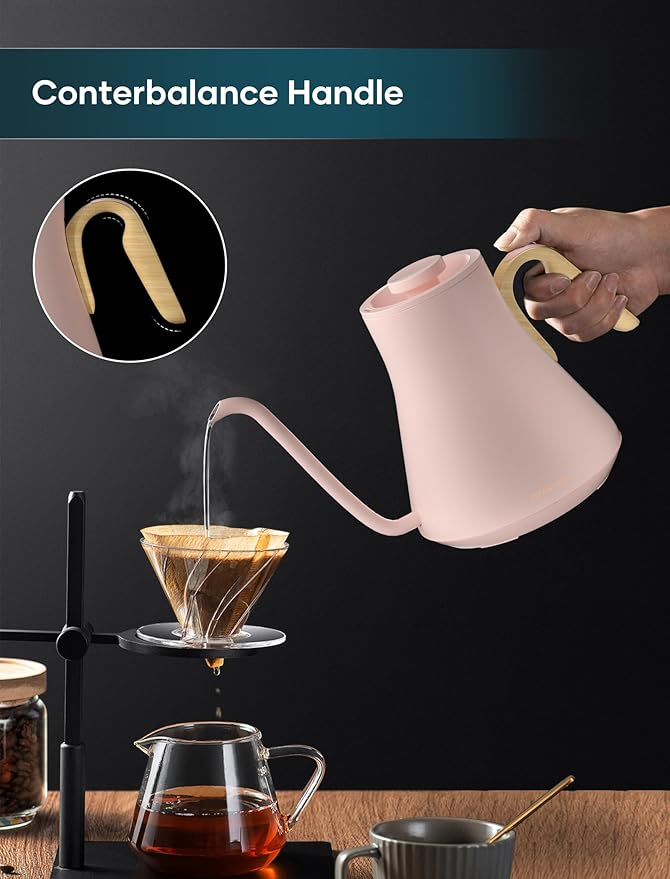 Gooseneck Electric Kettle with 짹1??Temperature Control for Pour Over Coffee & Tea, Quick Heating, BPA-Free Stainless Steel, Built-in Brew Timer, 1500W/0.9L (Petal Pink)
