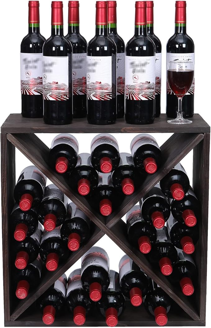 Wine Rack countertop Wooden Stackable Storage Rustic Retro Style Cube 24-Bottle Wooden Wine Rack Wine Cabinet (Dark Brown)