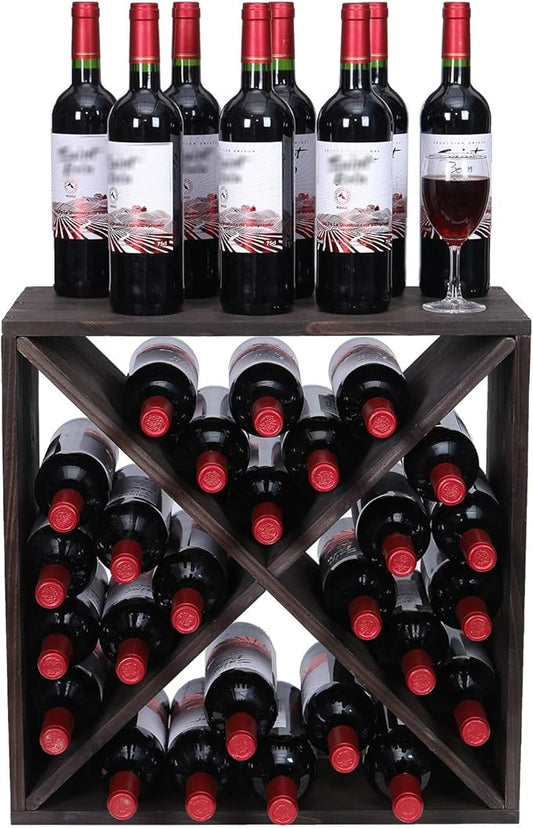 Wine Rack countertop Wooden Stackable Storage Rustic Retro Style Cube 24-Bottle Wooden Wine Rack Wine Cabinet (Dark Brown)