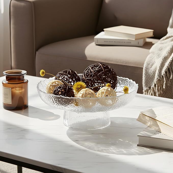 Large Glass Fruit Bowl for Kitchen Counter Decorative Centerpiece Bowl for Table Home D챕co, Clear Hammered