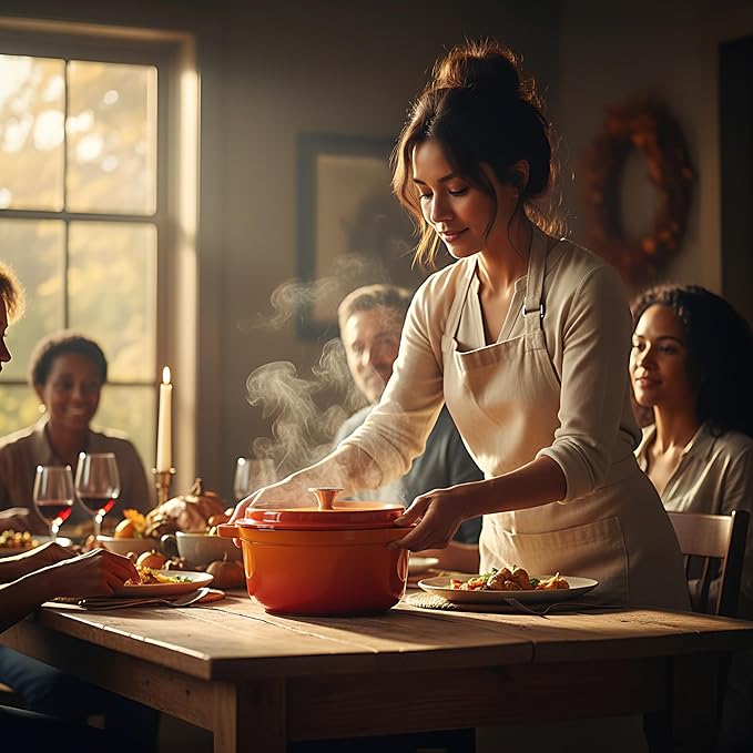 Enameled Cast Iron Dutch Oven with Lid, Orange, Round, 4Quart, Heat-Resistant Handles, for Cooking, Baking (Orange, 24CM)