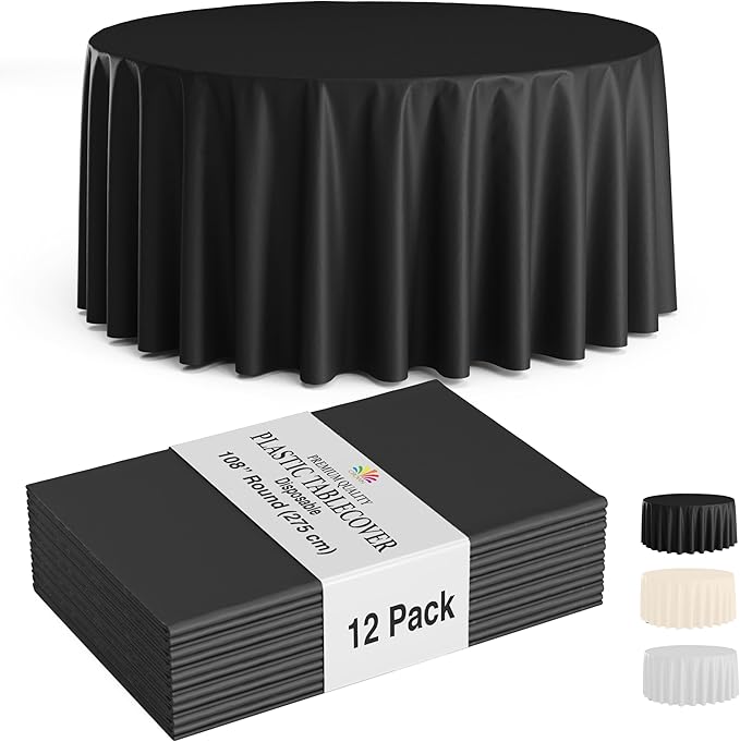 Party Solids 12-Pack Black Round Plastic Tablecloth Disposable ??Size: 108 Inches ??Round Plastic Table Cloths for Parties, Picnics & Formal Events