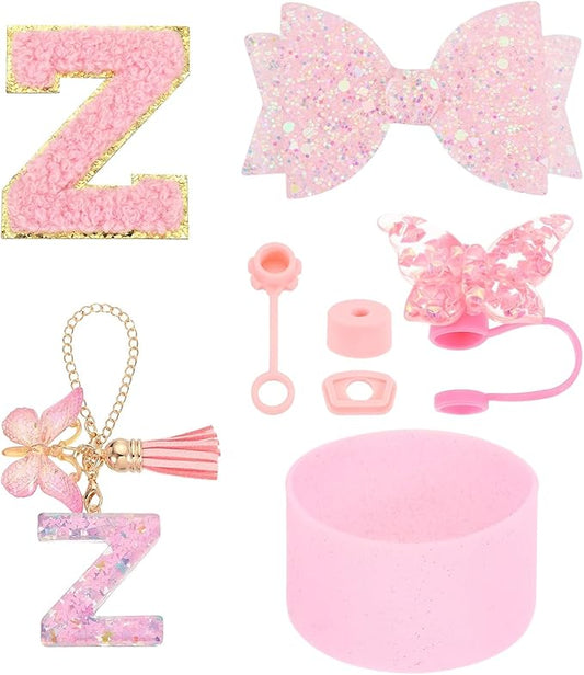 uxcell 8Pcs Cup Accessories Set for Cup Tumbler with Handle, Including Silicone Straw Cover, Boot, Spill Proof Stopper, Handle Charm, Initials Sticker(Letter Z, Pink)