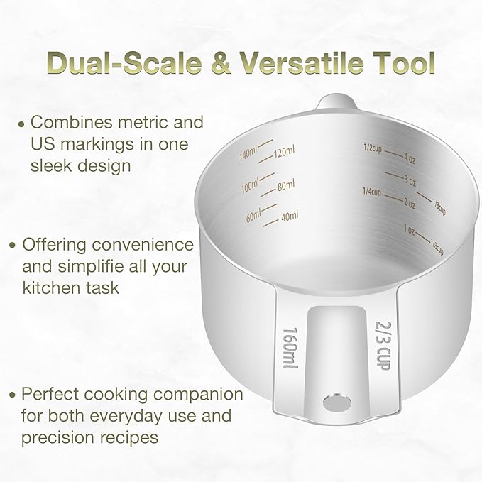 BERYLER 1PCS 2/3Cup (160ml, 5.3oz) Single Measuring Cup, Etched Inner Scale Stainless Steel Measure Scoop, Metric and US Measurement, Dishwasher Safe