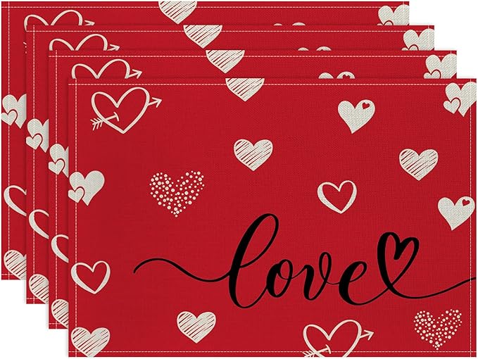 Valentine Placemats Set of 4, 12x18 Inch Love Hearts Table Mats, Seasonal Anniversary Holiday Valentines Day Table Decorations for Kitchen Dining Home Party Decor (Red)