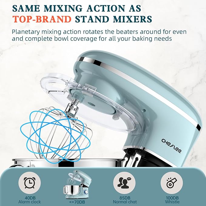 CHeflee Stand Mixer,660W 6+P With 6.5QT Stainless Steel Bowl,Dough Hook, Wire Whip & Beater,for Most Home Cooks (Blue)
