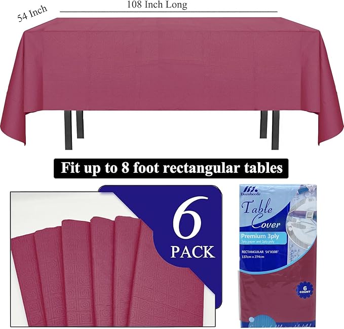 [6 Pack] Burgundy Paper Tablecloth Disposable for Rectangle Tables, 54 X 108 Inch Party Table Cover with Plastic Backing, Waterproof 3 Ply Table Cloth for Christmas Party Xmas