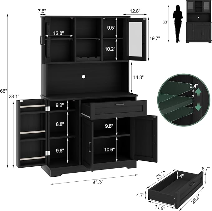 Shintenchi Kitchen Pantry Storage Cabinet, Freestanding Buffet Cabinet with Microwave Stand & 4 Door Shelves, Kitchen Hutch with Doors, Adjustable Shelves and Wine Rack, Black