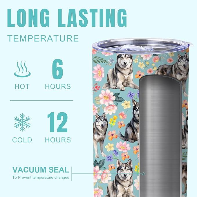 Yogusut Siberian Husky Gifts for Women, 20oz Stainless Steel Insulated Tumbler Travel Mug Cup with Lid Straw Brush, Gifts for Dog Mom Dog Lover