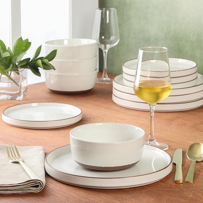 Gibson Elite Northrock Stoneware Dinnerware Set, 12-Piece Service for 4 Plates and Bowls Set ??White Dishes with Hand-Painted Terracotta Base