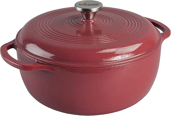 Lodge 6 Quart Enameled Cast Iron Dutch Oven with Lid ??Dual Handles ??Oven Safe up to 500째 F or on Stovetop - Use to Marinate, Cook, Bake, Refrigerate and Serve ??Cranberry