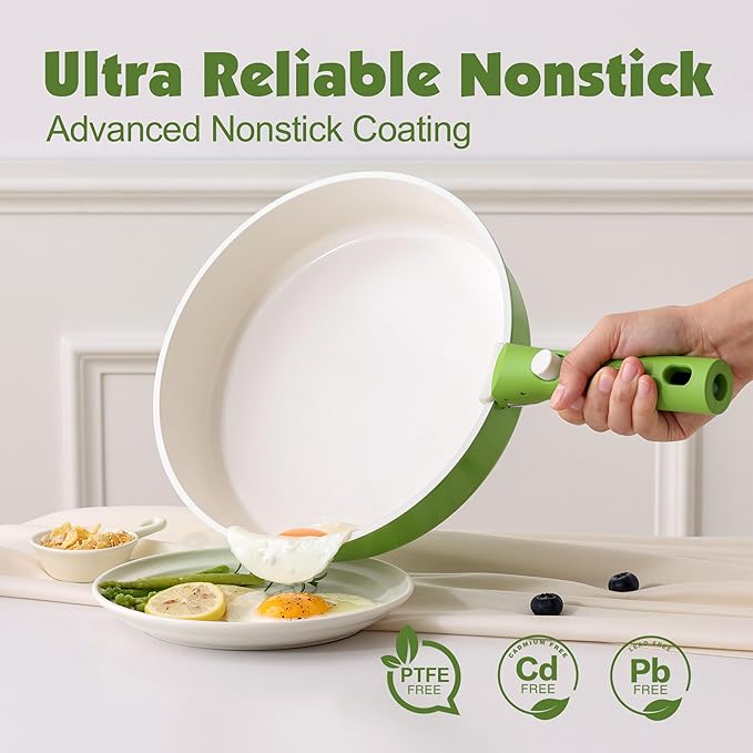 SENSARTE 17 Piece Ceramic Pots and Pans Set, Nonstick Detachable Handle Cookware, Induction Kitchen Cookware Set with Removable Handle, Dishwasher 竊?Oven Safe (Green)