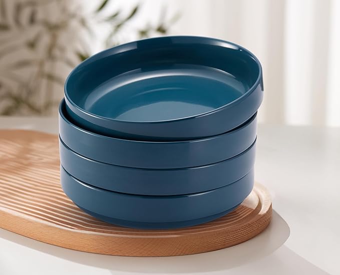 KooK Pasta Bowl, Bowl Plate, Low Bowl, Plate Bowls, Ceramic Large Shallow Bowls, Microwave and Dishwasher Safe, Great for Soups and Salads, Glossy Porcelain, 47 oz, Set of 4, Teal