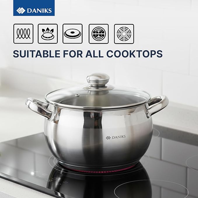 Daniks Classic 3 Quart Stainless Steel Stock Pot with Glass Lid, Tri-Ply Bottom for Even Heating, Induction Compatible, Dishwasher Safe