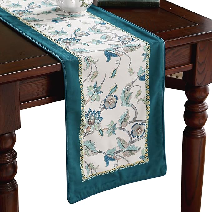 patdrea Designer Elegant French Floral Extra Long Velvet Table Runner, Teal Blossoms Pattern Table Mat, Decoration for Kitchen Dining Coffee Table Shelf Cabinet Banquet Thanksgiving,12"*118"